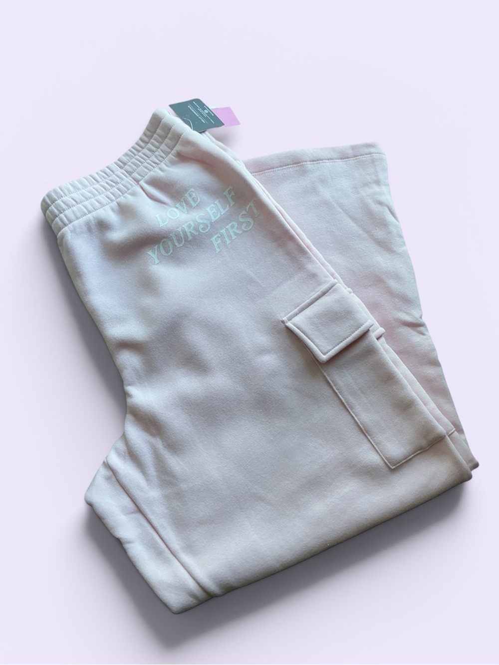 Grayson Threads Lt Pink Cargo Sweatpants with "Love Yourself First" Text 1X NWT